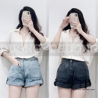 Quần short jean nữ lưng cao túi trước kiểu, quần jean đùi cạp cao lai gấp hack dáng - QU094