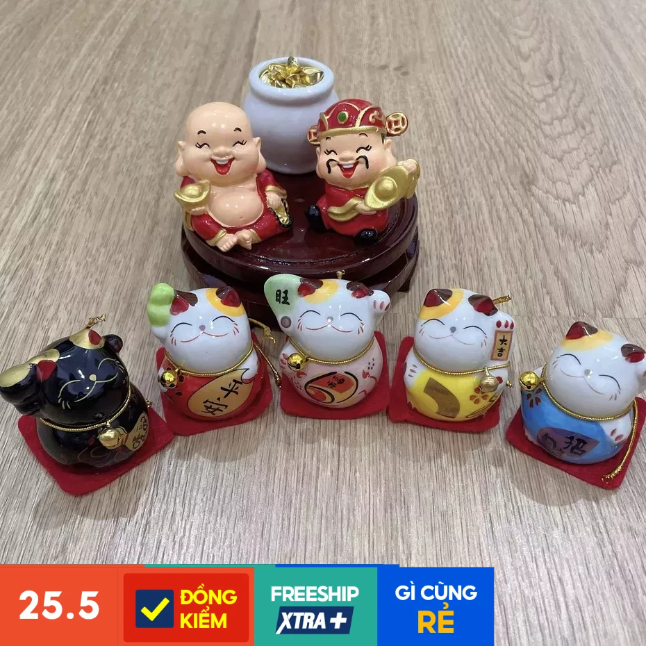 Tượng ông địa thần tài kèm mèo thần tài Maneki Neko mini may mắn trang trí Tết, bàn làm việc, khai trương