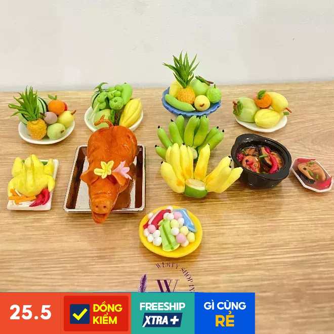 Mô hình đồ cúng trang trí bàn làm việc, đồ cúng mini bằng đất sét trang trí dành cho dân văn phòng chạy sale áp số kpi