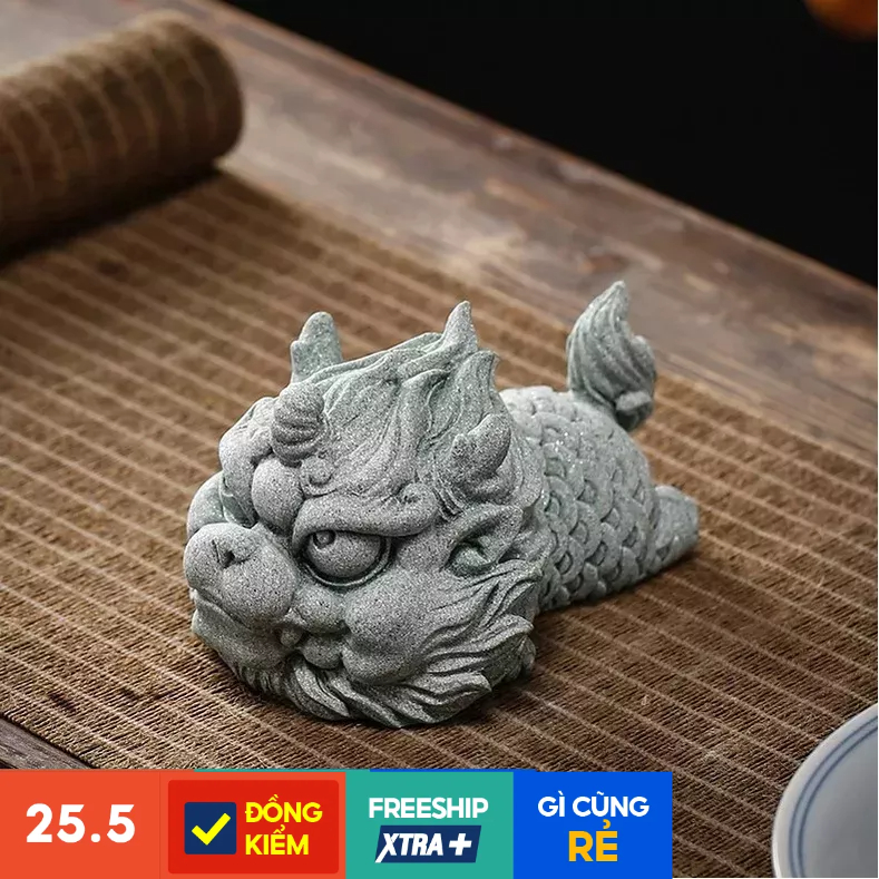 Tượng phong thủy kỳ lân bằng đá sa thạch xanh cao cấp trang trí bàn làm việc văn phòng bàn trà tiểu cảnh