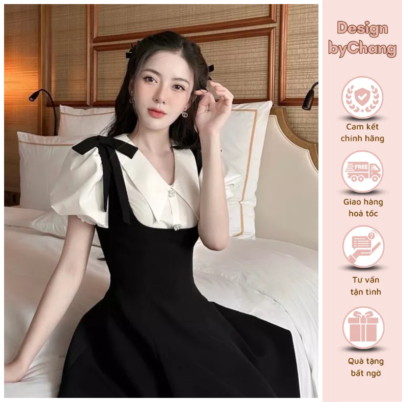 Set yếm nữ hai dây nơ vai mix áo sơ mi bèo siêu xinh thời trang tiểu thư sang chảnh thanh lịch