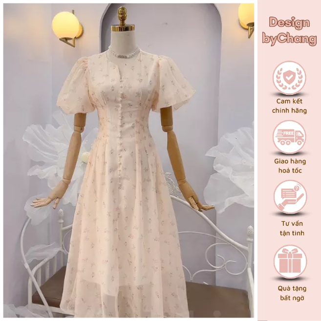 Váy hoa thanh lịch cổ điển đính cúc ngực sang chảnh lịch sự phù hợp đi tiệc, công sở, công chúa