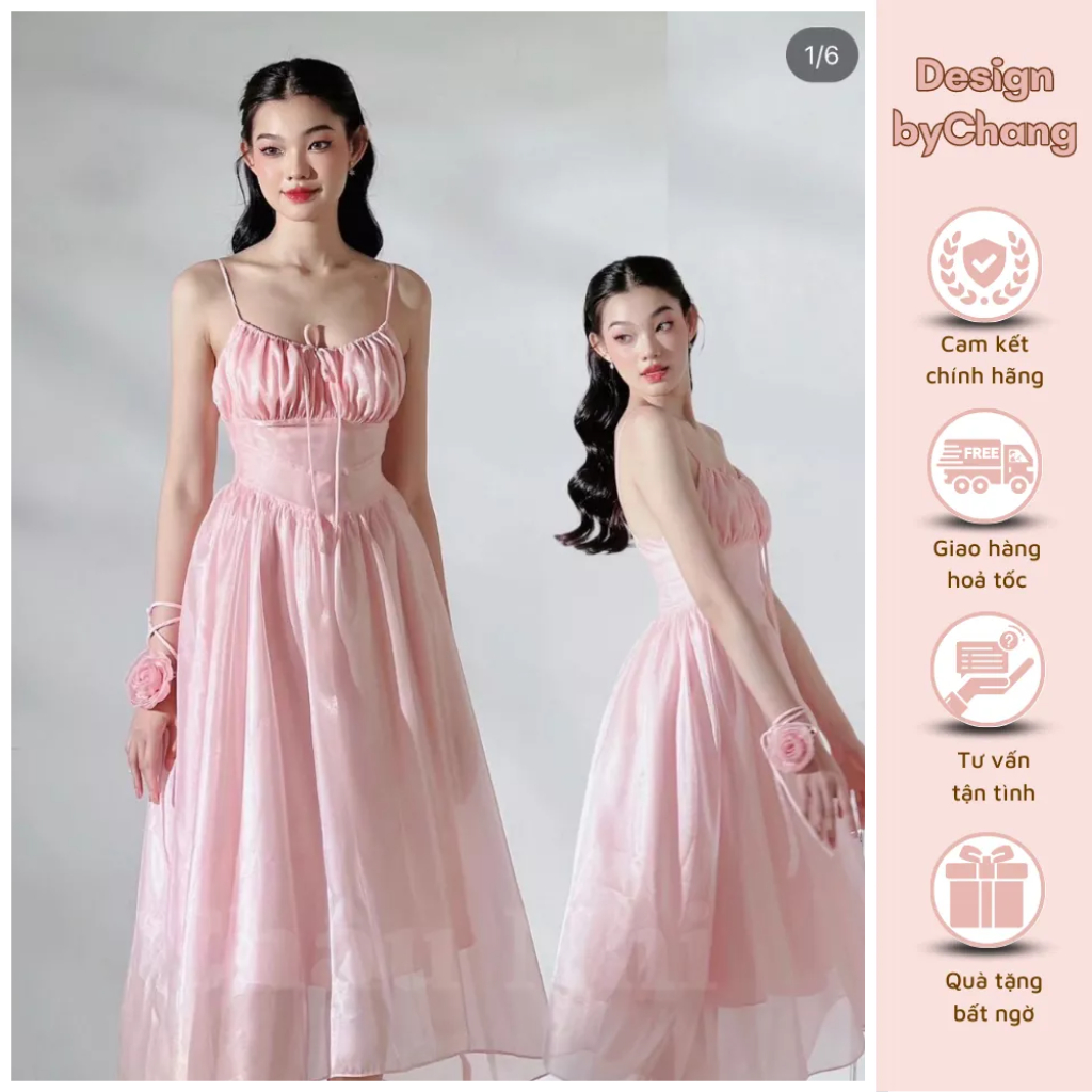 Đầm hai dây dáng dài tơ lụa nhún ngực xếp ly dáng dài tiểu thư công chúa dự tiệc , dao phố nữ tính sang chảnh