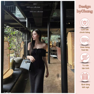 Váy đầm tiểu thư dáng dài trễ vai bo tay siêu sang chảnh, tôn dáng, body, có nơ ngực siêu xinh, đi tiệc chất thun đũi