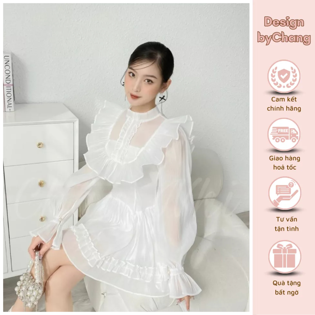 Váy Đầm dài tay dáng xoè cổ cao bèo vai cổ điển thiết kế cao cấp sang chảnh bậc nhất