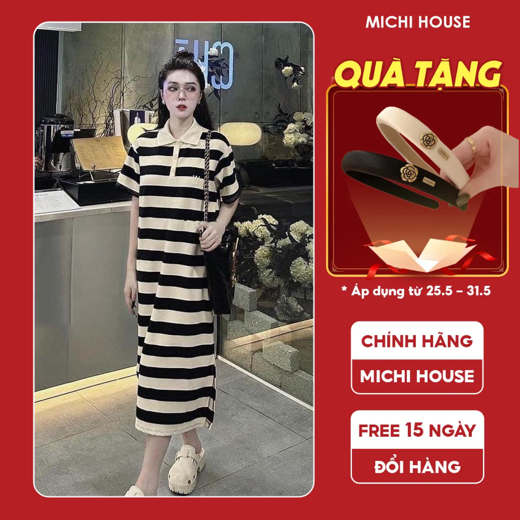 Đầm Thun Suông Michi House Váy Thun Xuông Công Sở Kẻ Sọc Dáng Dài Qua Gối Thanh Lịch Freesize Bầu Mặc Xinh V635