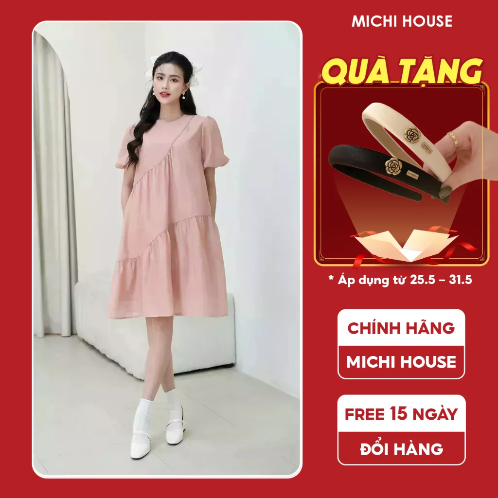 Đầm Suông Babydoll Michi House Váy Xuông Thiết Kế Dáng Dài Qua Gối Màu Hồng Nhạt Freesize Bầu Mặc Xinh V573