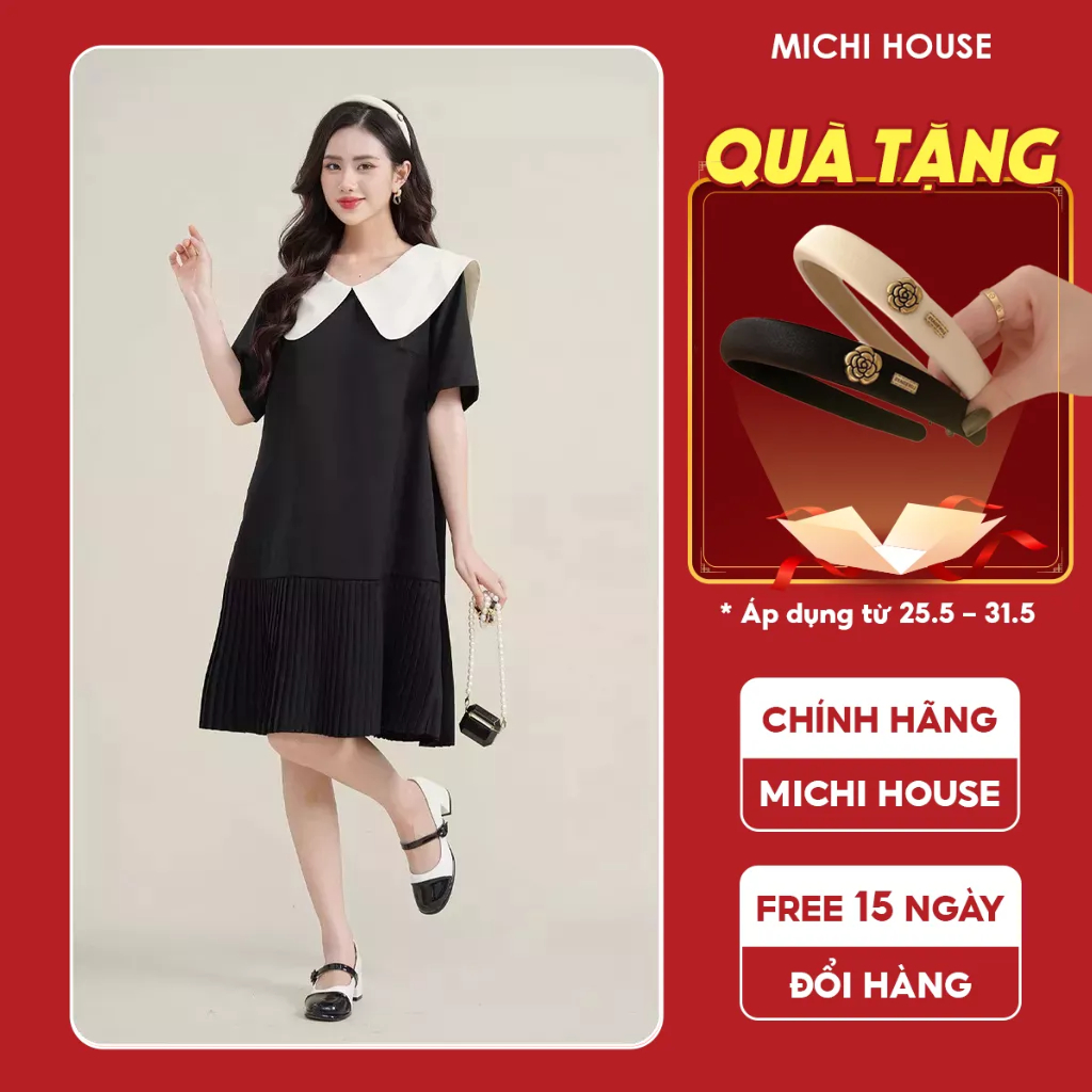 Đầm Suông Xếp Ly Michi House Váy Xuông Công Sở Cổ Nơ Màu Đen Phom Rộng Freesize Bầu Mặc Xinh Che Khuyết Điểm Tốt V581