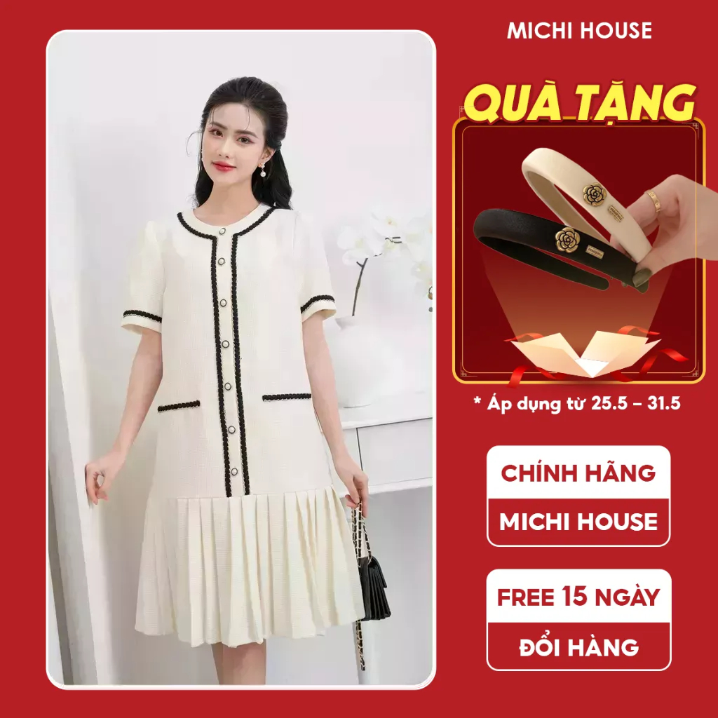 Đầm Suông Công Sở Michi House Váy Xuông Xếp Ly Thanh Lịch Dáng Dài Đến Gối Freesize Thoải Mái Bầu Mặc Xinh V577