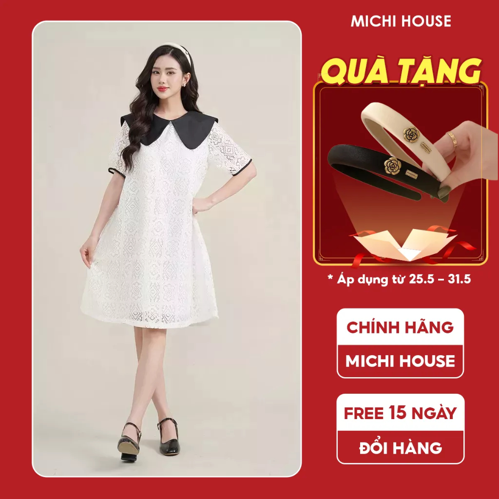 Đầm Suông Michi House Váy Xuông Vintage Phong Cách Hàn Quốc Vải Ren Hoa Cổ Nơ Freesize Bầu Mặc Cũng Xinh V580