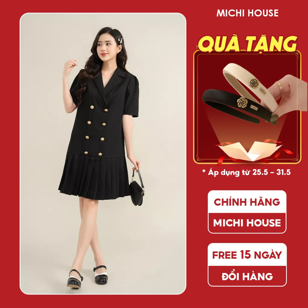 Đầm Suông Công Sở Michi House Váy Xuông Đuôi Cá Xếp Ly Cổ Vest Thanh Lịch Dáng Dài Đến Gối Freesize Mặc Bầu Xinh V587