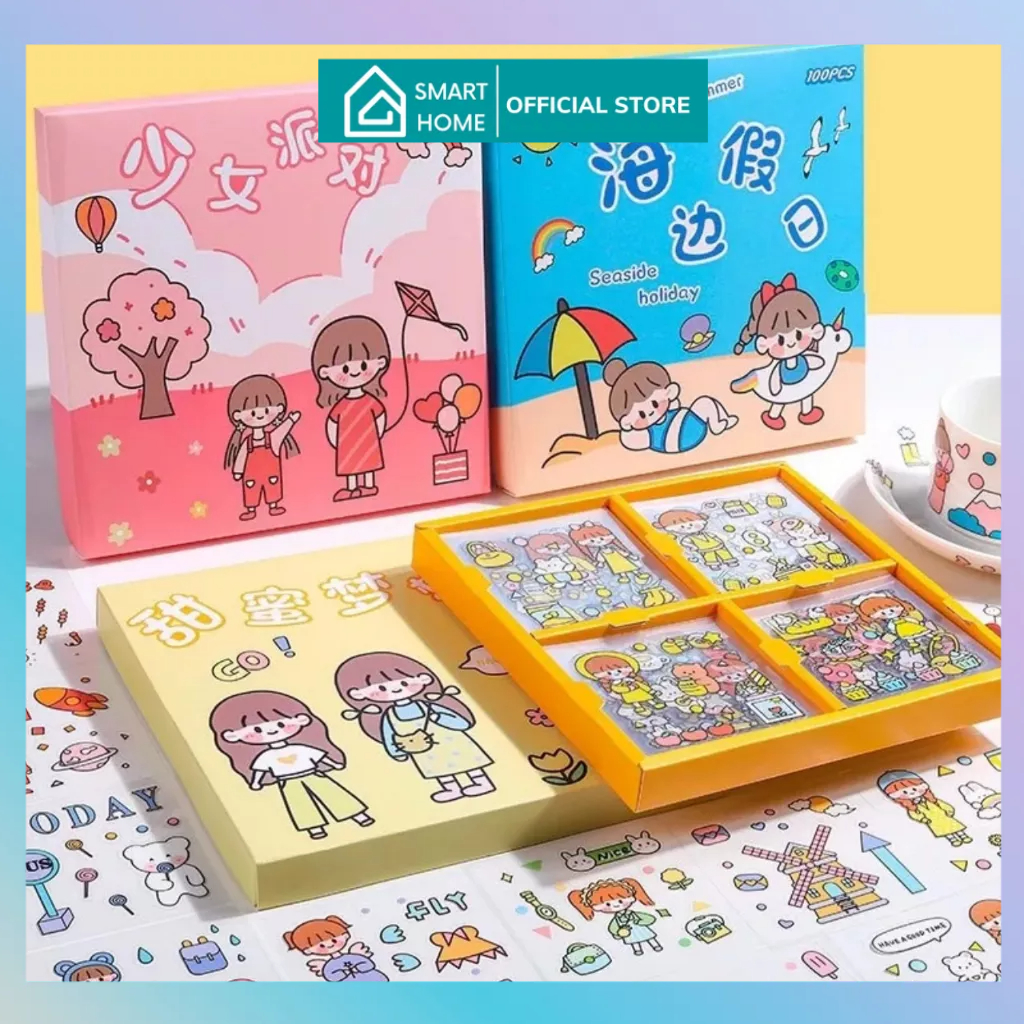 Hộp 100 tấm, 1000 sticker dễ thương dán trang trí bình nước, sổ tay, điện thoại , dán trang trí nhật