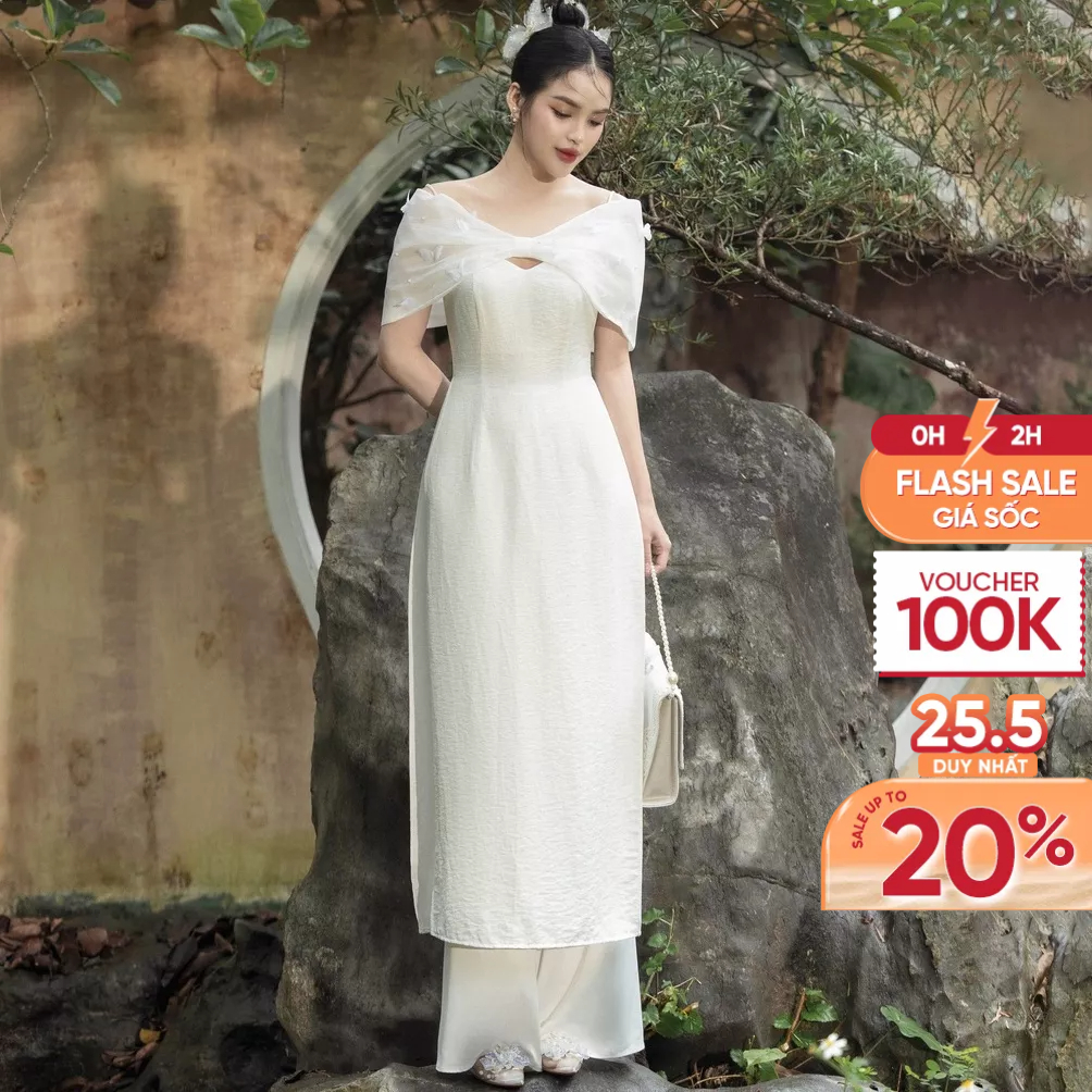 RECHIC Set Áo Dài An Nhiên tặng kèm quần trắng trễ vai với thiết kế nơ to trên ngực dịu dàng tinh tế
