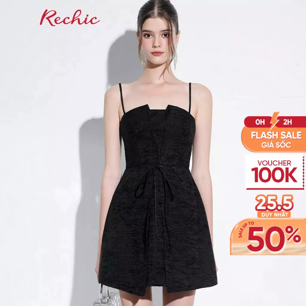 RECHIC Đầm ngắn hai dây Daphne chiết eo phối 2 lớp xẻ tà phía trước sang trọng