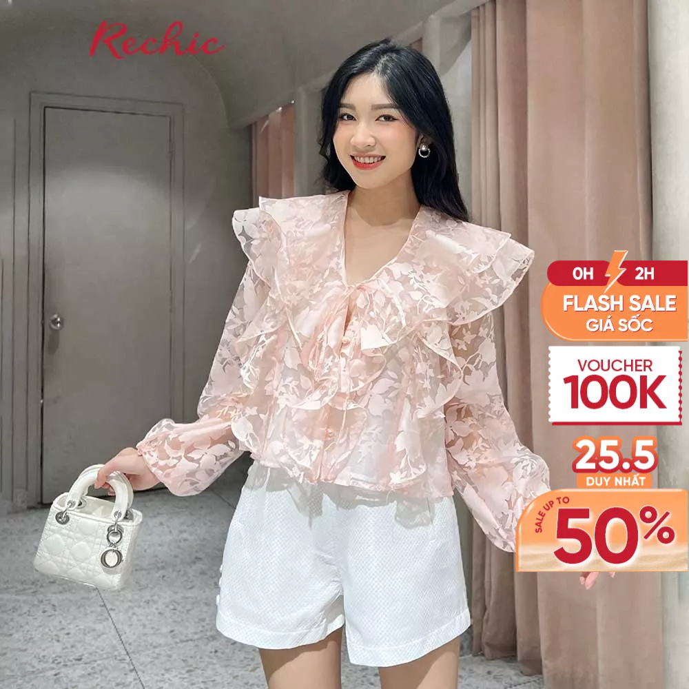 RECHIC Áo kiểu nữ Sinva họa tiết hoa dáng sơ mi tay bồng cổ bèo tiểu thư sang trọng