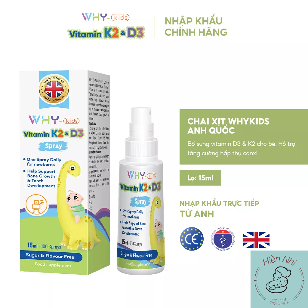 Chai xịt Why Kids bổ sung D3K2 MK7 cho bé, tăng cường hấp thu Canxi hỗ trợ phát triển chiều cao 15ml - Date 12/2025