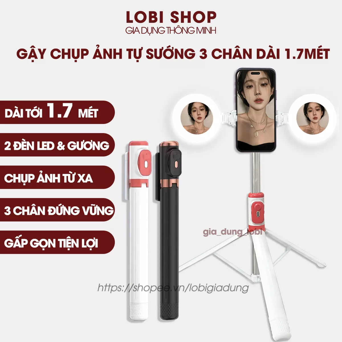Gậy chụp ảnh 3 chân selfie JC-18H dài 1.7 mét 2 đèn led trợ sáng, Gậy tự sướng chụp hình từ xa cao cấp
