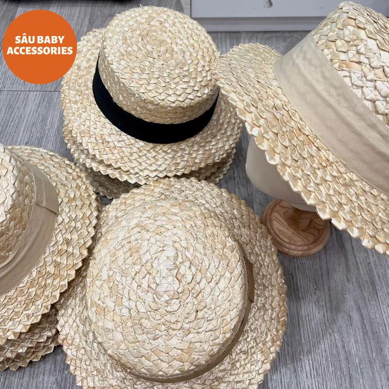 Mũ rơm vành màu có quai đeo giữ mũ siêu tiện lợi phong cách Hàn Quốc cho bé