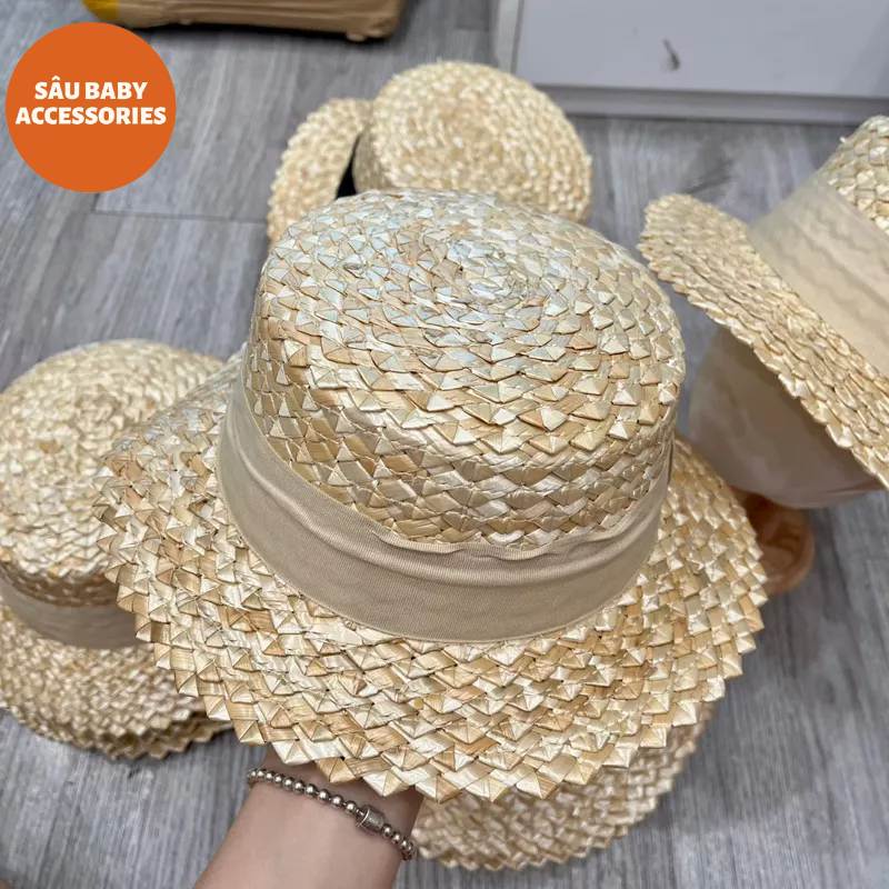 Mũ rơm vành màu có quai đeo giữ mũ siêu tiện lợi phong cách Hàn Quốc cho bé