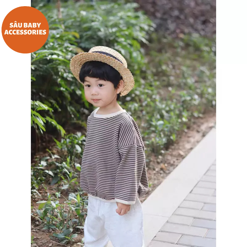 Mũ rơm vành màu có quai đeo giữ mũ siêu tiện lợi phong cách Hàn Quốc cho bé