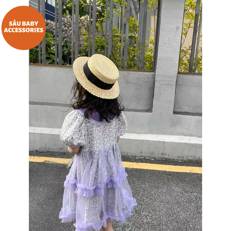 Mũ rơm vành màu có quai đeo giữ mũ siêu tiện lợi phong cách Hàn Quốc cho bé