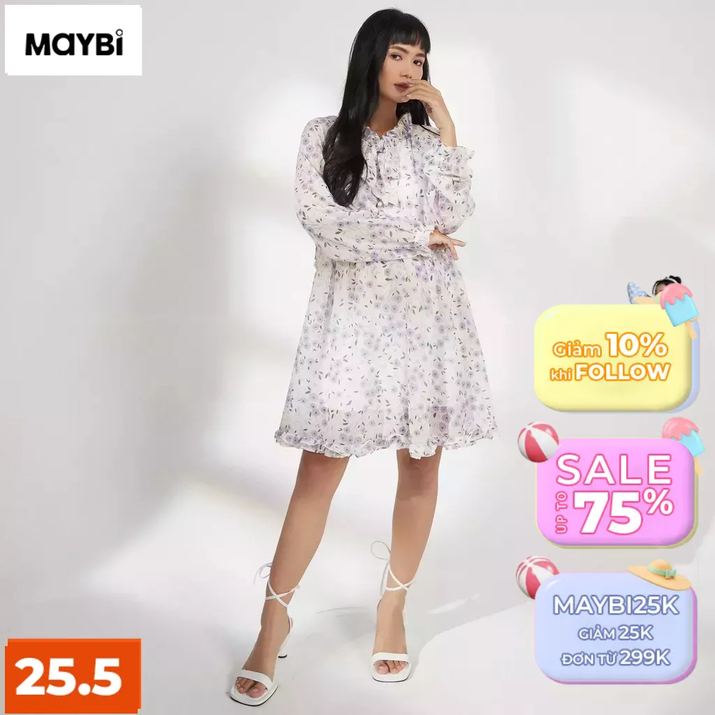 Đầm babydoll Maybi voan in hoa bèo nơ cổ