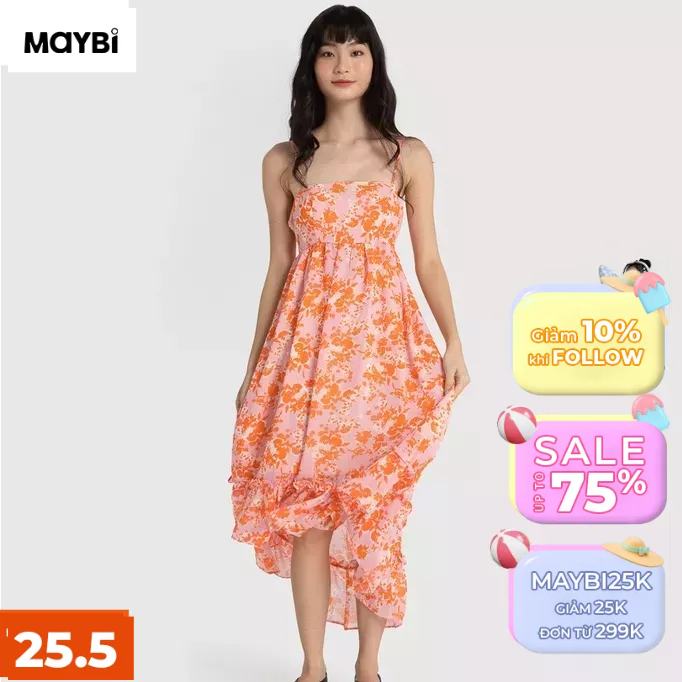 Đầm 2 dây Maybi hoa cam nền hồng phối đan dây lưng