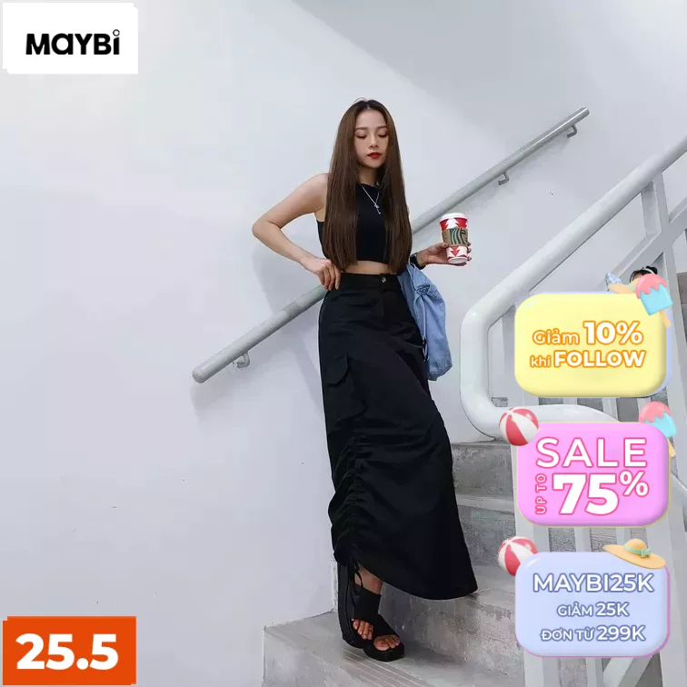 Chân váy Maybi dài chữ A kaki đen phối tà rút dây