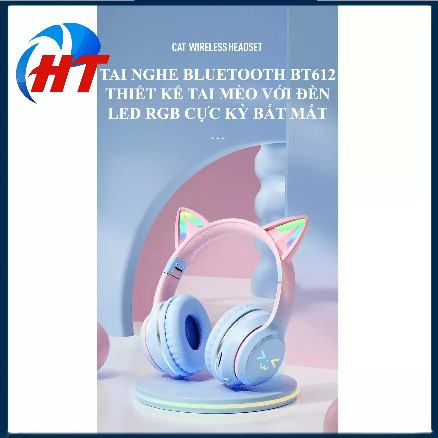 Tai nghe chụp tai BT612 kết nối Bluetooth thiết kế tai mèo dễ thương có thể gấp gọn tiện lợi - HT