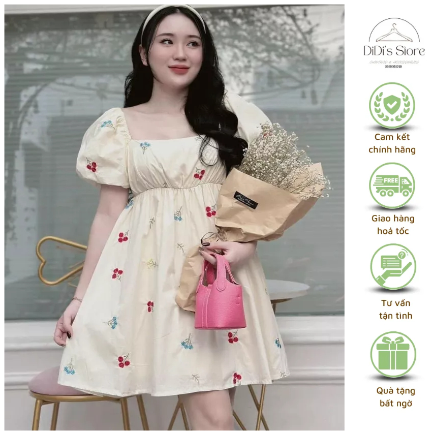 Đầm babydoll chất cotton lạnh dày dặn họa tiết in hoa, tay phồng tiểu thư xinh xắn cho các nàng diện đi tiệc, đi chơi