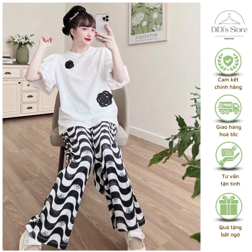 Set bộ đính hoa nổi, tay phồng kết hợp quần thun gân suông form rộng họa tiết sọc vừa năng động vừa trẻ trung, xinh xắn