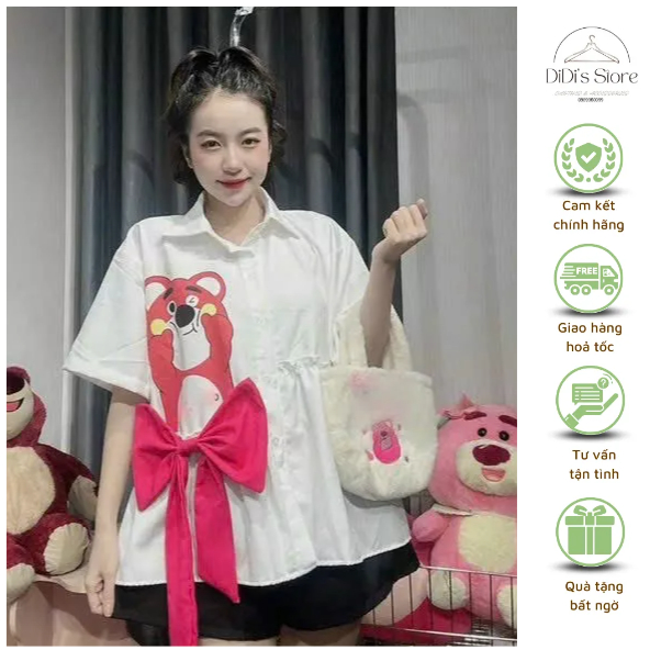 Set áo sơmi kiểu in gấu dâu, vạt đính nơ kết hợp quần short form rộng vừa năng động vừa xinh xắn cho các nàng