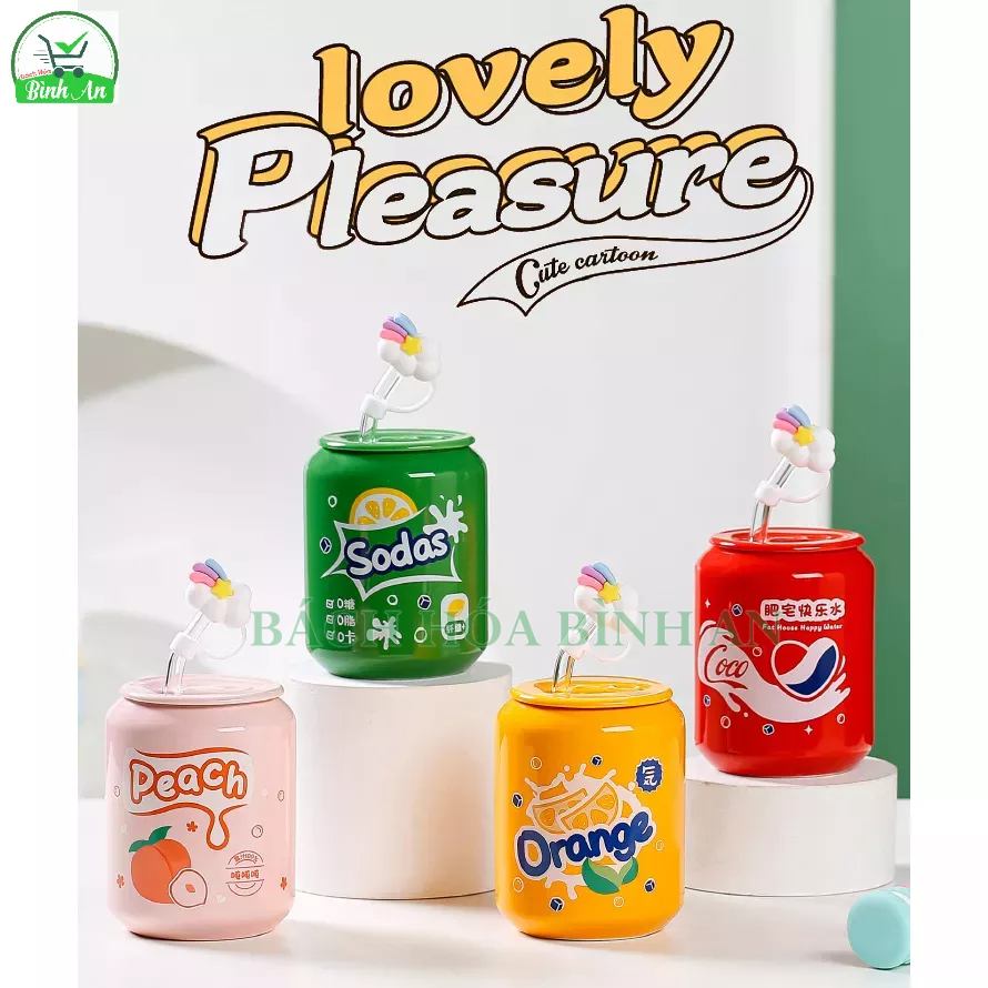 Cốc Uống Nước Bằng Sứ Có Nắp Hình Cola Sáng Tạo Kèm Ống Hút