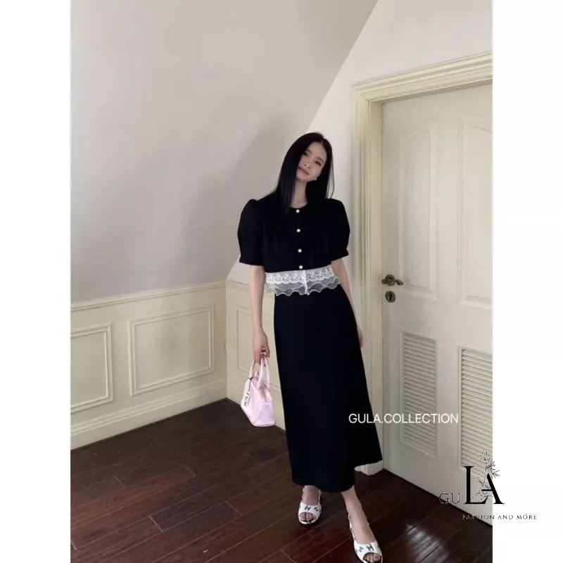 Áo Kiểu Croptop Thiết Kế Phối Ren Cùng Chân Váy Midi Tiểu Thư Hàn Quốc