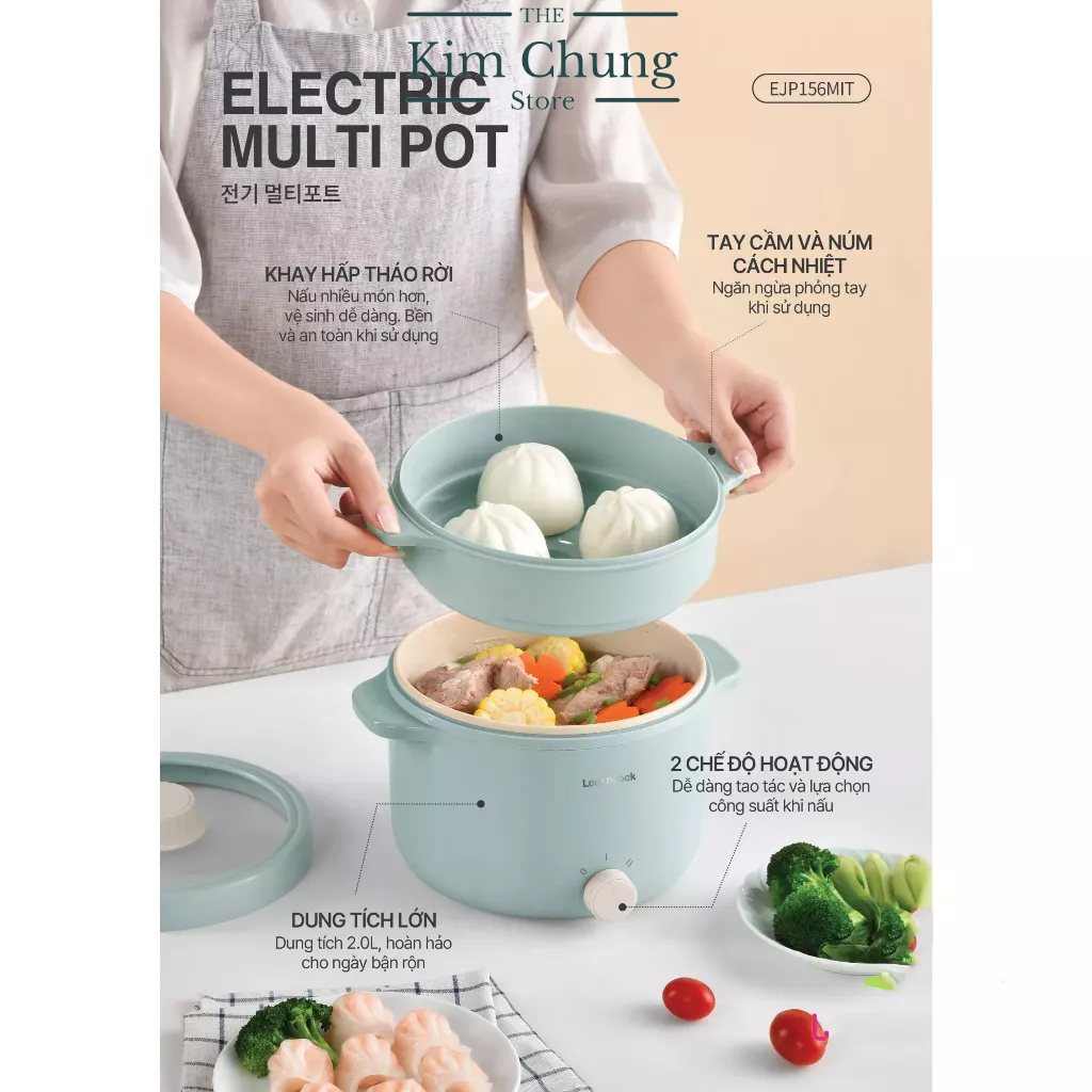 Nồi điện đa năng Locknlock EJP156MIT 2L - Màu Mint  - Hàng chính hãng