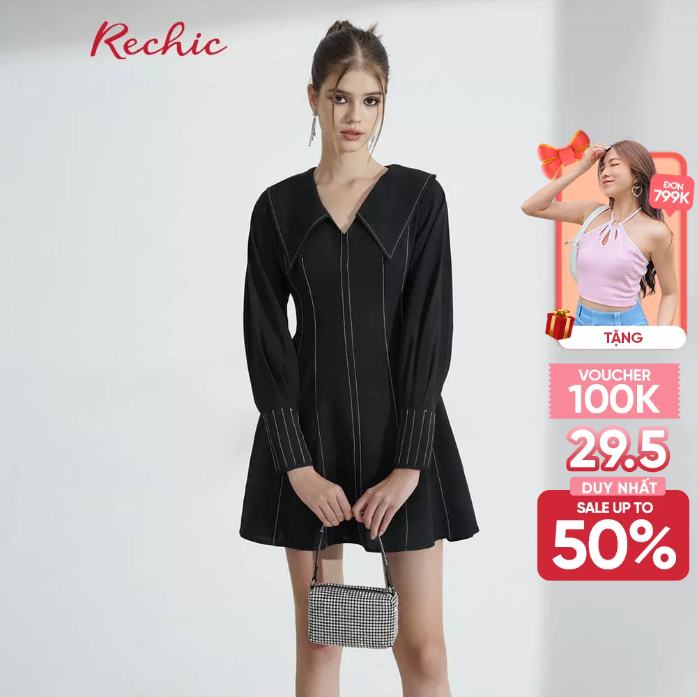 RECHIC Đầm Ngắn Ivor kiểu vạt cổ to tay dài form chữ A thời thượng
