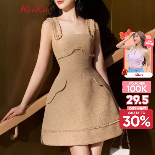 RECHIC Đầm Ngắn Meduse hai dây chất Tweed chiết eo có túi xinh xắn sang trọng đi tiệc đi chơi