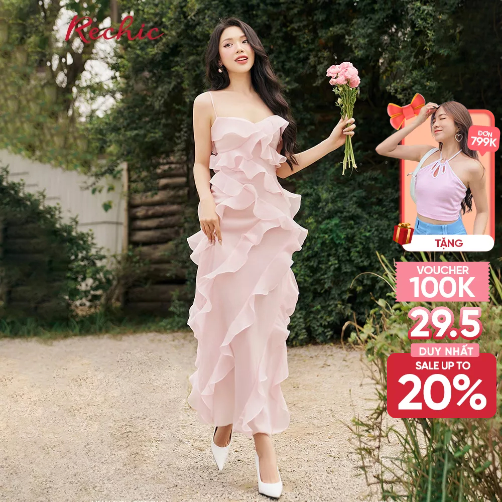 RECHIC Đầm 2 dây nữ Jolen bèo xếp tầng chiết eo sang trọng quyến rũ