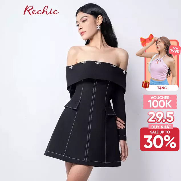 RECHIC Đầm trễ vai Rex kiểu dáng chữ A tay dài chiết eo sang trọng phù hợp dự tiệc