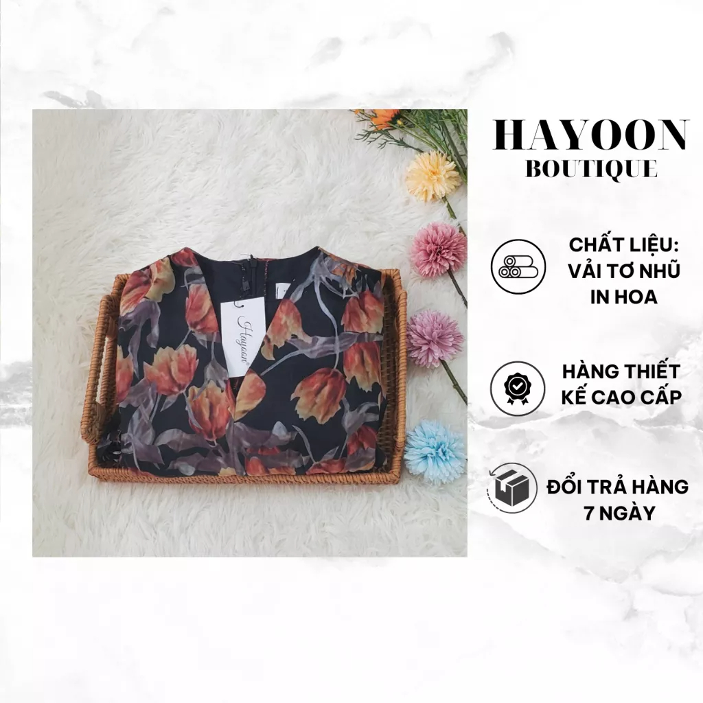 Đầm Hoa Họa Tiết HAYOON Thiết Kế Thắt Eo, Tay Bồng, Cổ Chữ V Quyến Rũ Không Lộ Hở