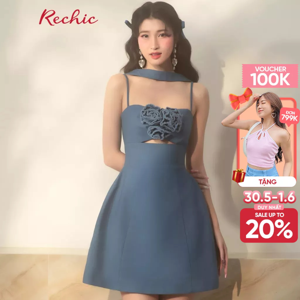 RECHIC Đầm Ngắn Olaf hai dây kết hợp dây đeo cổ cùng họa tiết hoa giữa ngực độc đáo sang trọng