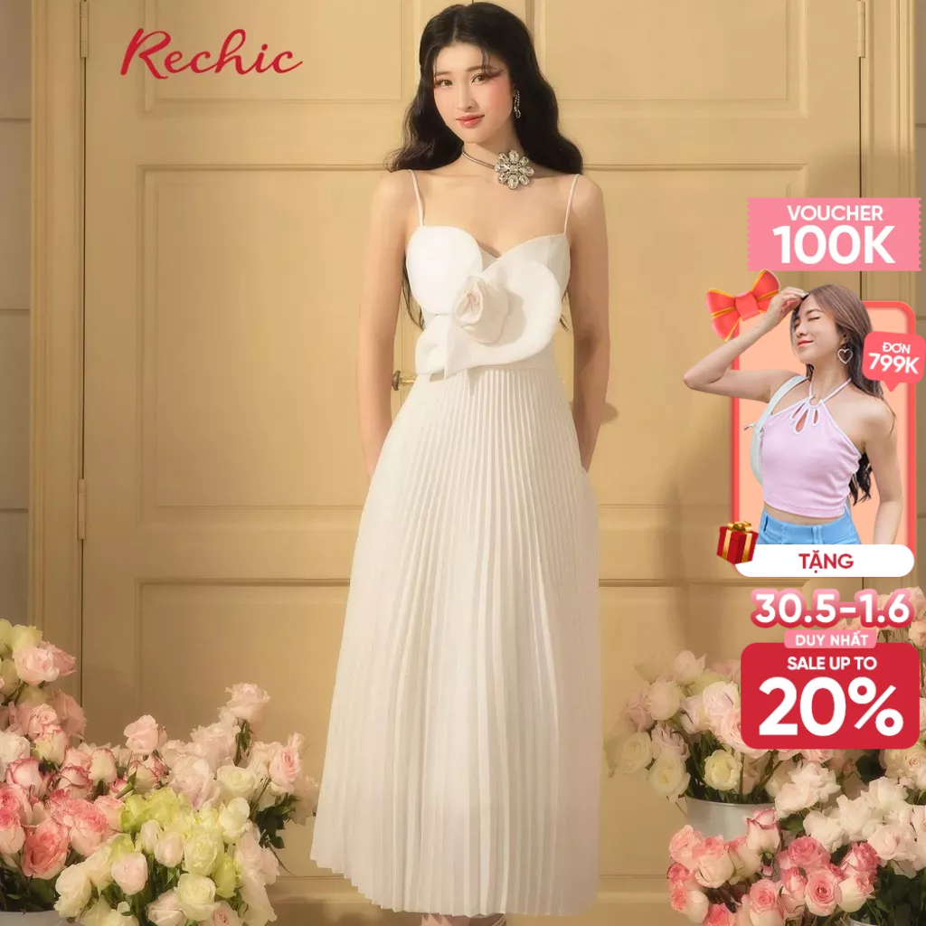 RECHIC Đầm Dài Eser dáng hai dây đính hoa to trước ngực phần tà váy dập ly thời thượng