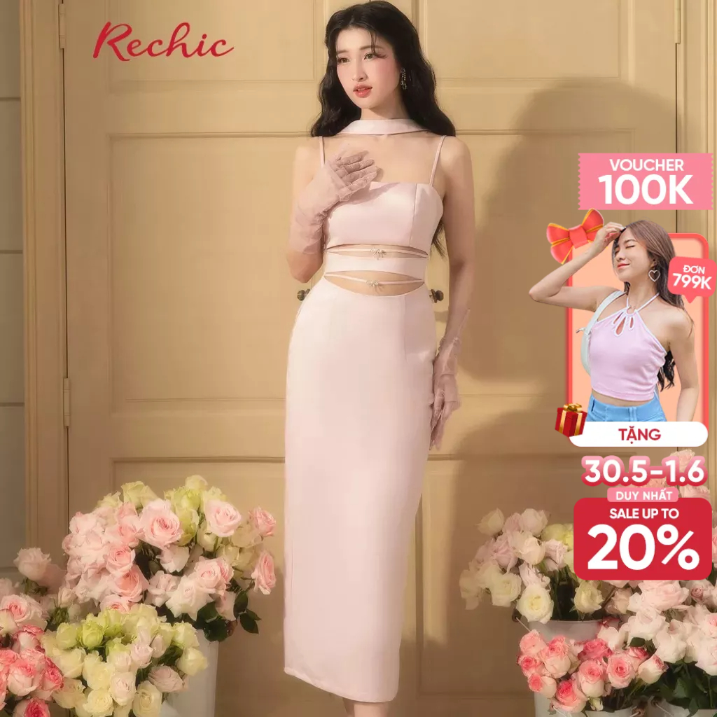 RECHIC Đầm Dài Aiki hai dây kết hợp dây đeo cổ chiết eo sang trọng quý phái