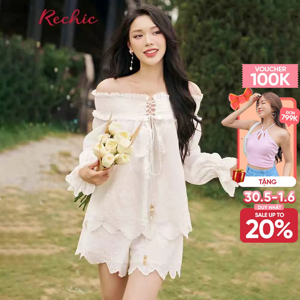 RECHIC Set nữ Laven áo trễ vai và quần short ren họa tiết hoa tiểu thư sang trọng nhẹ nhàng điệu đà
