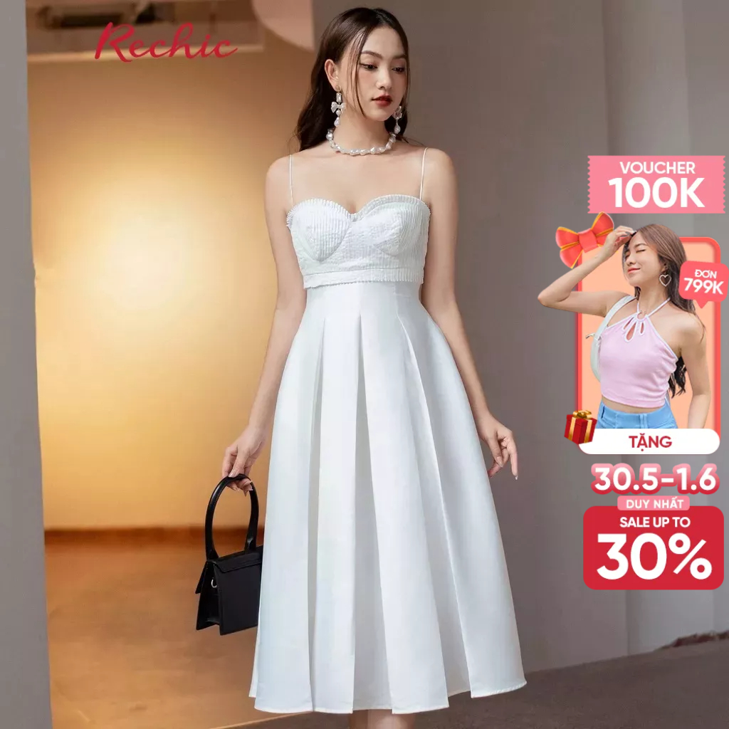 RECHIC Đầm Dài Sophie kiểu dai dây dáng xòe nhẹ xếp li phần tà váy sang trọng