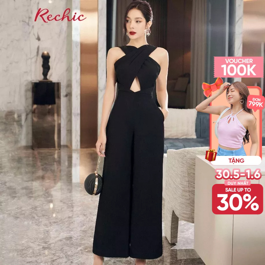 RECHIC Jumpsuit dài Ahn kiểu bắt chéo thân trên thời thượng phù hợp đi dự tiệc