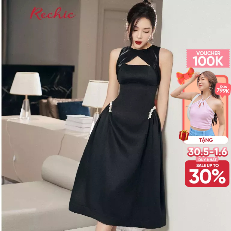 RECHIC Đầm Dài Linie dáng xòe cổ cách điệu thời thượng sang trọng