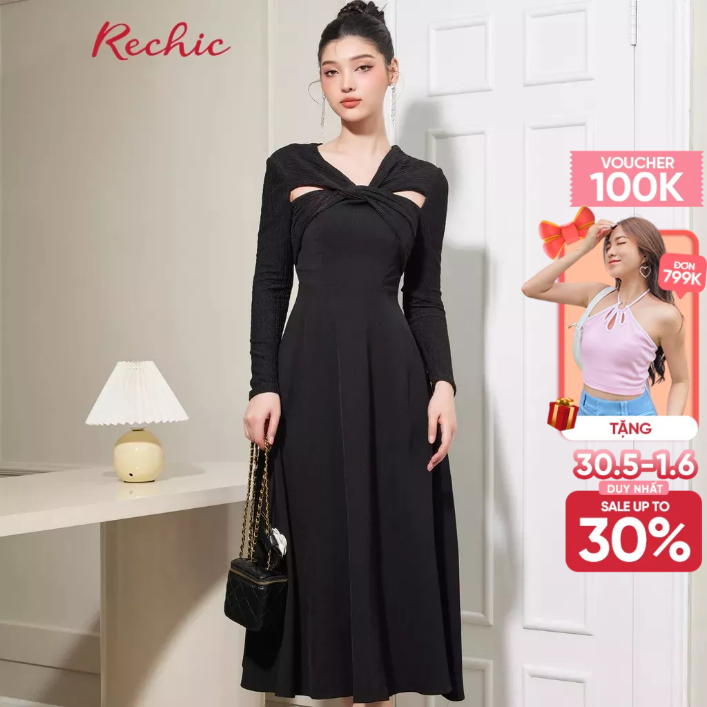 RECHIC Đầm Dài Nữ Liam cổ chữ V tay dài xoắn ngực dáng xòe nữ tính thanh lịch