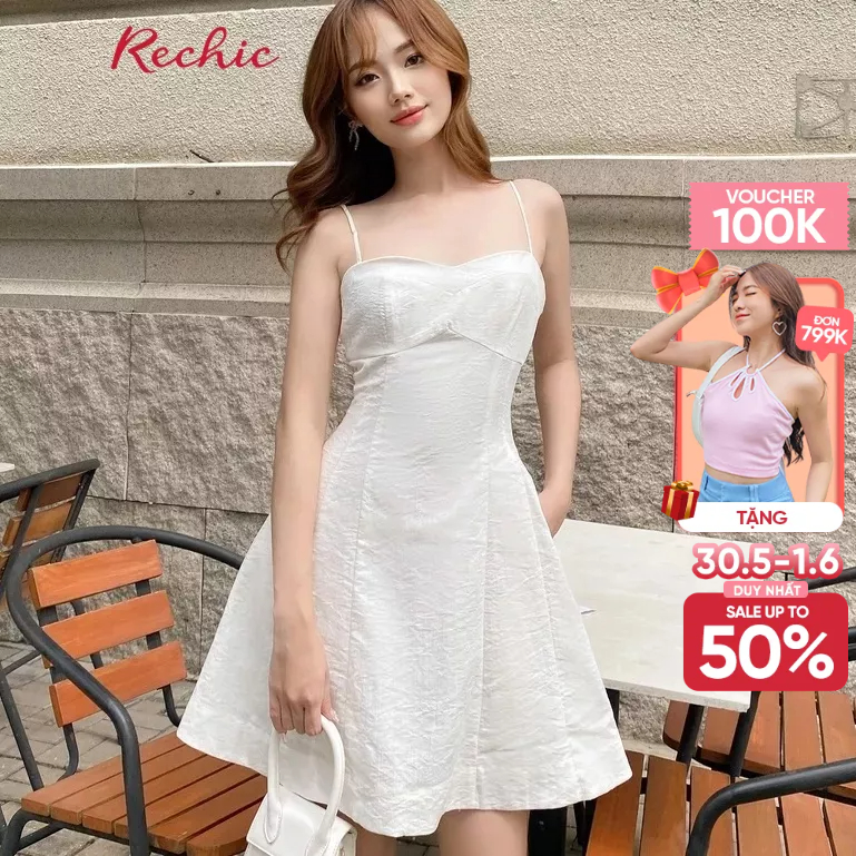 RECHIC Đầm Ngắn Quiri dáng hai dây chiết eo trẻ trung gợi cảm