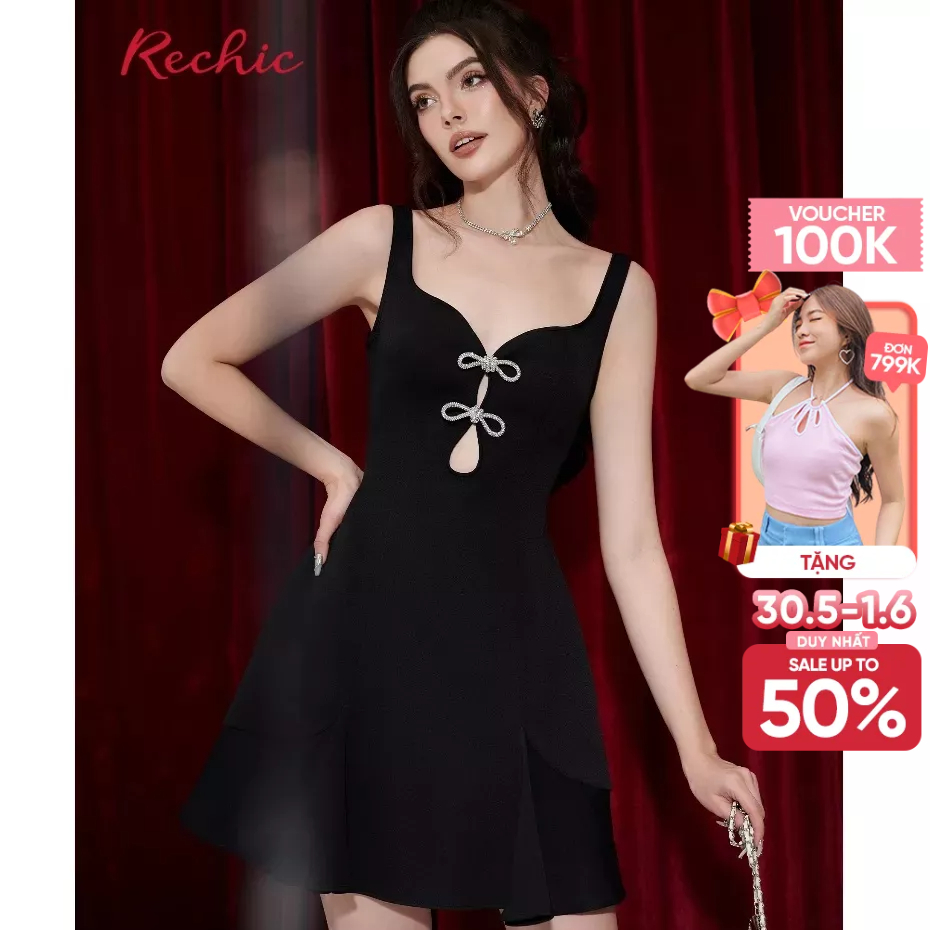 RECHIC Đầm ngắn Jins kiểu dáng hai dây thắt nơ trước ngực phù hợp đi tiệc sang trọng